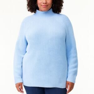 Lands' End SZ 1X Thick Knit Funnel Neck Sweater Sky Blue 100% Cotton